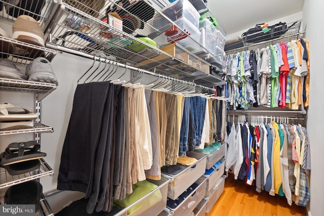 walk in closet with wood finished floors