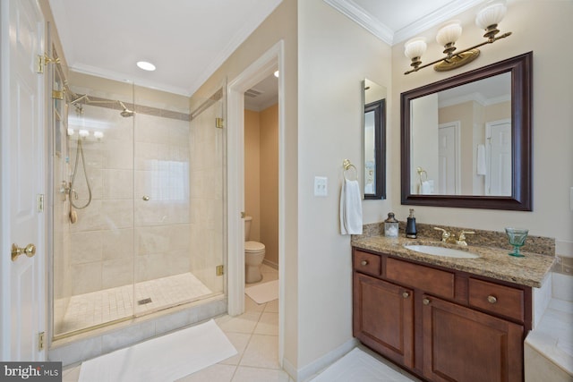 full bath with tile patterned flooring, a shower stall, ornamental molding, and toilet