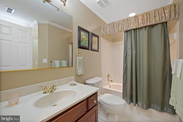 full bathroom with visible vents, toilet, ornamental molding, and shower / bath combination with curtain