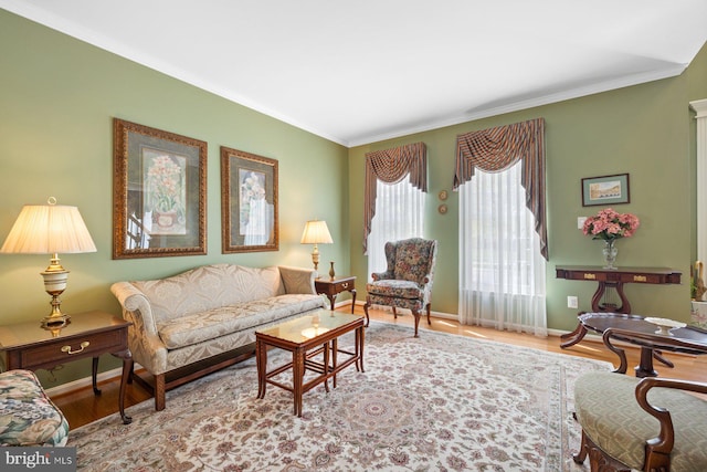 living area featuring wood finished floors, baseboards, and crown molding