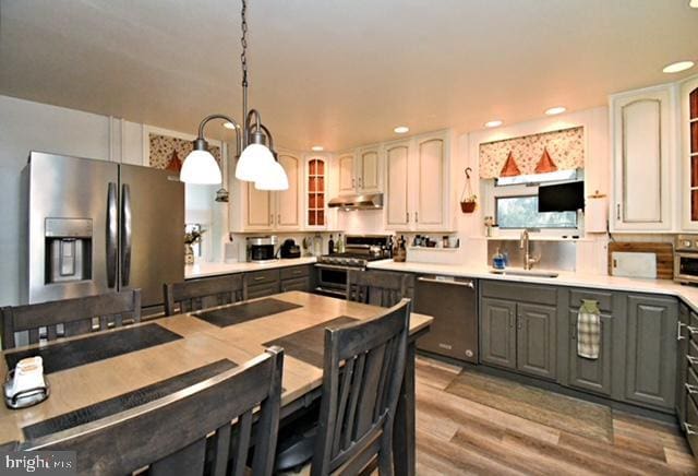 kitchen with a sink, light wood-type flooring, gray cabinetry, under cabinet range hood, and appliances with stainless steel finishes
