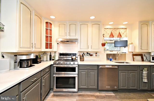 kitchen with recessed lighting, under cabinet range hood, gray cabinets, a sink, and appliances with stainless steel finishes