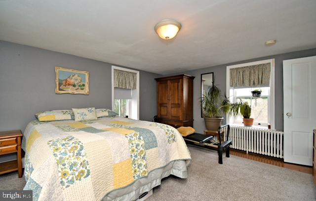 bedroom featuring radiator and carpet flooring