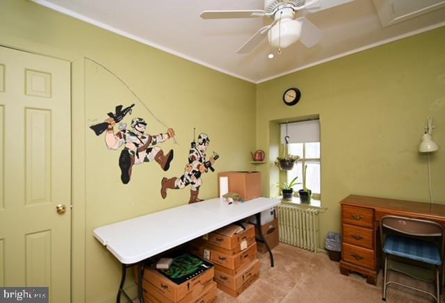 office space with radiator heating unit, ornamental molding, ceiling fan, and carpet