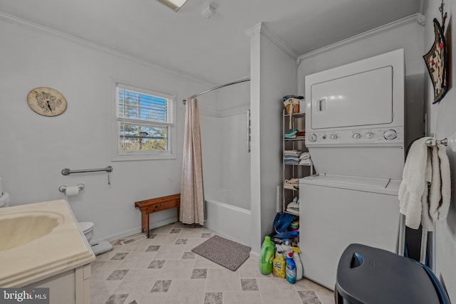 384 Meandering Ln, Hedgesville, WV 25427 - full bathroom featuring shower / bathtub combination with curtain, baseboards, ornamental molding, and stacked washer / drying machine