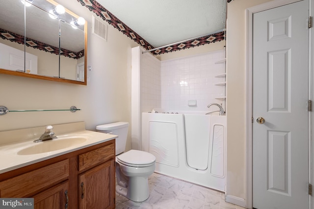 full bathroom with visible vents, toilet, marble finish floor, and vanity