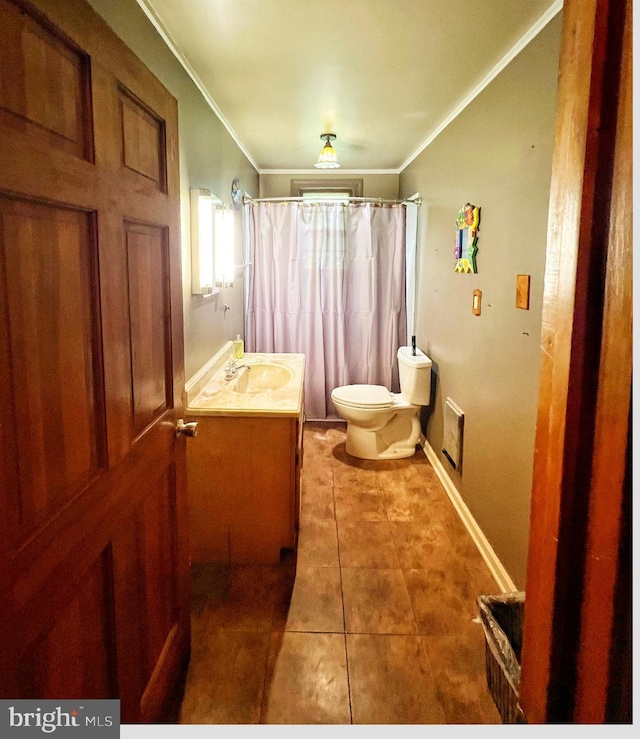3080 Beautiful Run Rd, Orange, VA 22960 - bathroom featuring toilet, vanity, ornamental molding, a shower with shower curtain, and tile patterned flooring