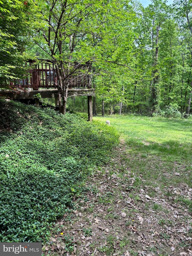 view of yard with a deck and a forest view