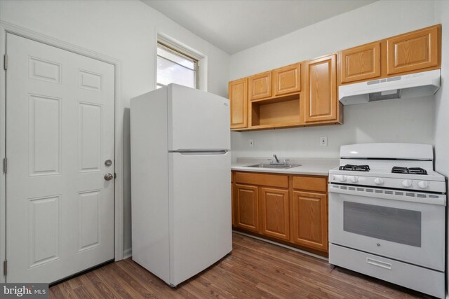 5449 Race St, Philadelphia, PA 19139 - kitchen with dark wood finished floors, white appliances, under cabinet range hood, light countertops, and a sink