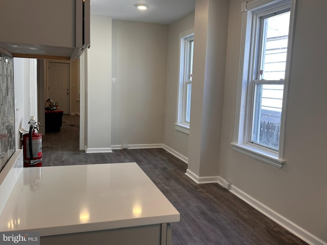 interior space featuring baseboards and dark wood-style flooring