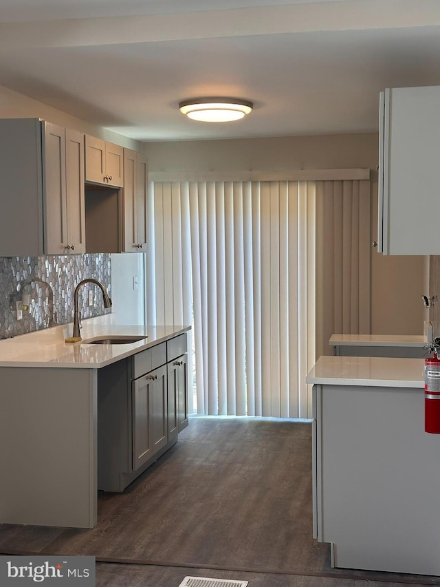 kitchen featuring a sink, light countertops, tasteful backsplash, and dark wood-type flooring