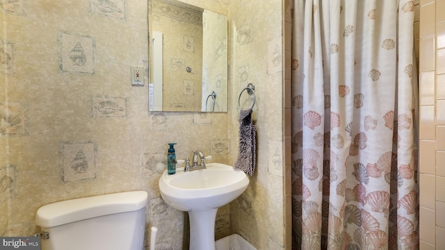 bathroom with curtained shower, toilet, and a sink