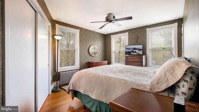 bedroom with wallpapered walls, wood finished floors, ceiling fan, and radiator
