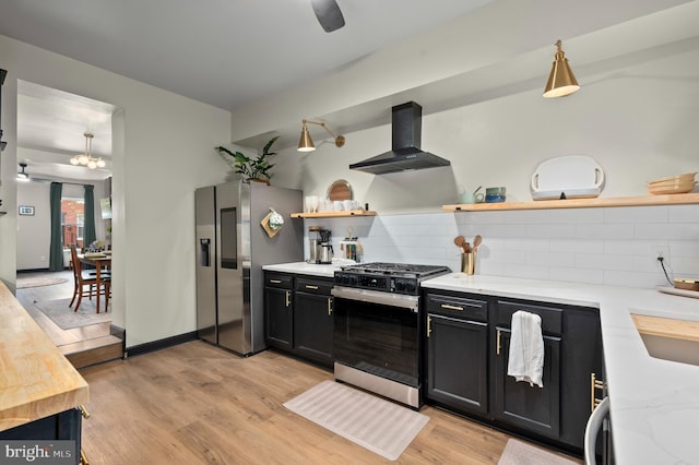 kitchen with appliances with stainless steel finishes, island range hood, open shelves, and backsplash