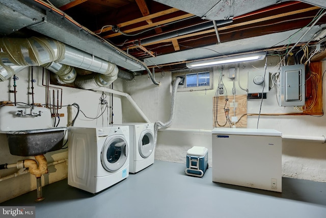 1122 Bellemore Rd, Baltimore, MD 21210 - clothes washing area featuring washer and dryer, laundry area, a sink, and electric panel
