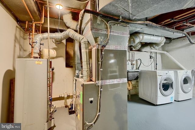 1122 Bellemore Rd, Baltimore, MD 21210 - utility room with heating unit, washing machine and dryer, and gas water heater