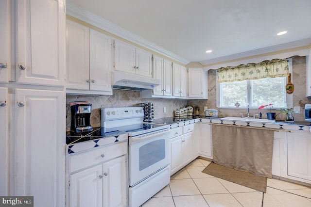 26039 Hidden Acres Ln, Millsboro, DE 19966 - kitchen featuring electric range, under cabinet range hood, and white cabinets