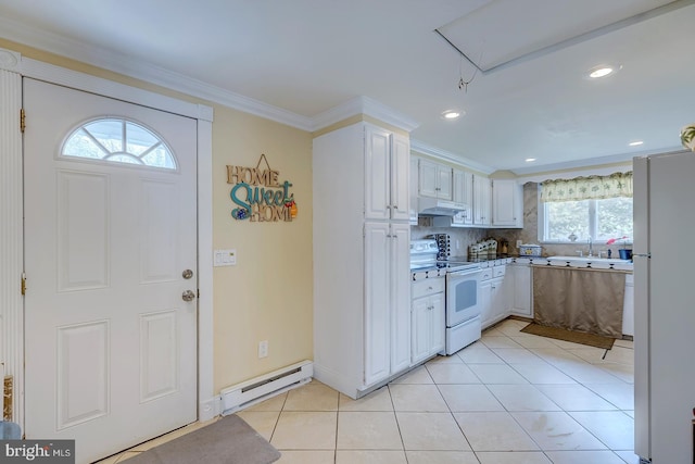 26039 Hidden Acres Ln, Millsboro, DE 19966 - kitchen featuring white cabinets, white appliances, a baseboard heating unit, and under cabinet range hood