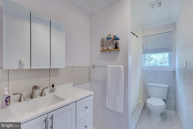26039 Hidden Acres Ln, Millsboro, DE 19966 - full bathroom featuring vanity, crown molding, toilet, visible vents, and tile walls