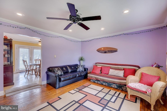26039 Hidden Acres Ln, Millsboro, DE 19966 - living area with recessed lighting, ornamental molding, a ceiling fan, and wood finished floors
