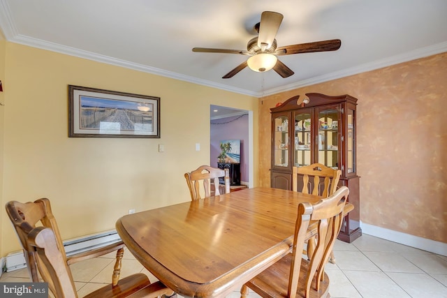 26039 Hidden Acres Ln, Millsboro, DE 19966 - dining room with light tile patterned floors, baseboards, ornamental molding, and ceiling fan