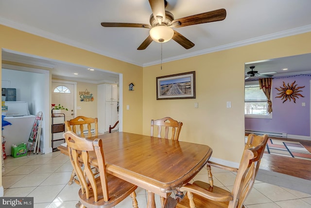 26039 Hidden Acres Ln, Millsboro, DE 19966 - dining space featuring baseboards, ornamental molding, light tile patterned flooring, ceiling fan, and a baseboard radiator