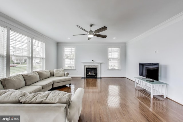 living area featuring a fireplace with flush hearth, a ceiling fan, crown molding, and wood finished floors
