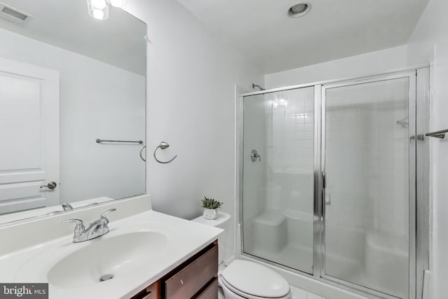 full bathroom featuring visible vents, toilet, a stall shower, and vanity