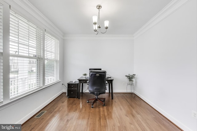 office area featuring crown molding, an inviting chandelier, wood-type flooring, and baseboards