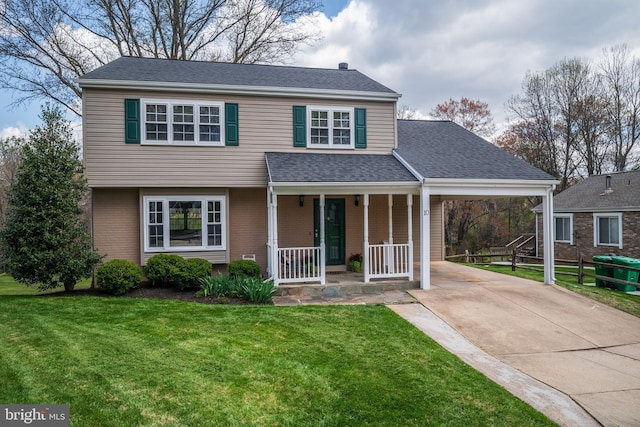 10 Fullview Ct, Gaithersburg, MD 20878 - traditional-style home featuring a shingled roof, driveway, covered porch, a carport, and a front yard