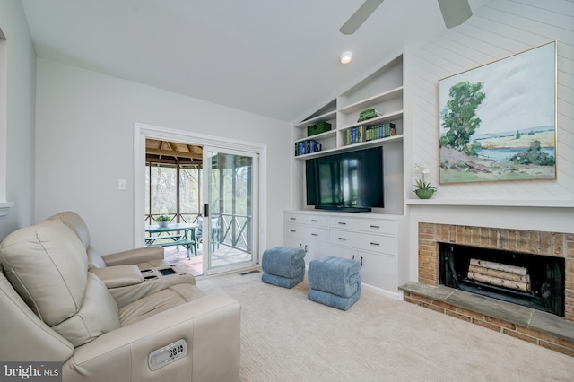 10 Fullview Ct, Gaithersburg, MD 20878 - carpeted living area featuring vaulted ceiling, a ceiling fan, built in features, and a fireplace