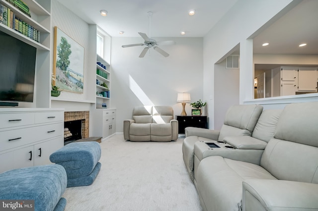 10 Fullview Ct, Gaithersburg, MD 20878 - living room with a fireplace with raised hearth, ceiling fan, carpet flooring, visible vents, and recessed lighting