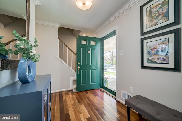 10 Fullview Ct, Gaithersburg, MD 20878 - foyer with stairway, ornamental molding, wood finished floors, and visible vents