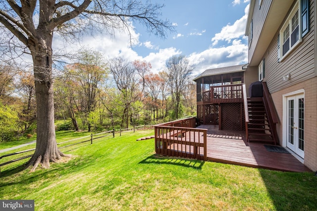 10 Fullview Ct, Gaithersburg, MD 20878 - view of yard with stairway, fence, french doors, a sunroom, and a deck