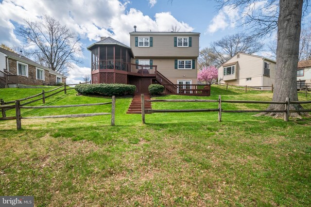 10 Fullview Ct, Gaithersburg, MD 20878 - rear view of house featuring a sunroom, a lawn, stairway, and fence