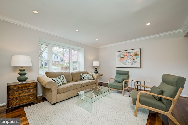 10 Fullview Ct, Gaithersburg, MD 20878 - living area featuring baseboards, ornamental molding, wood finished floors, and recessed lighting