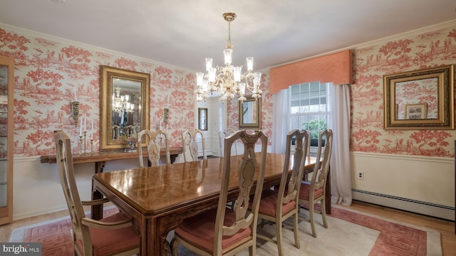 dining space featuring baseboard heating, wallpapered walls, a notable chandelier, and ornamental molding