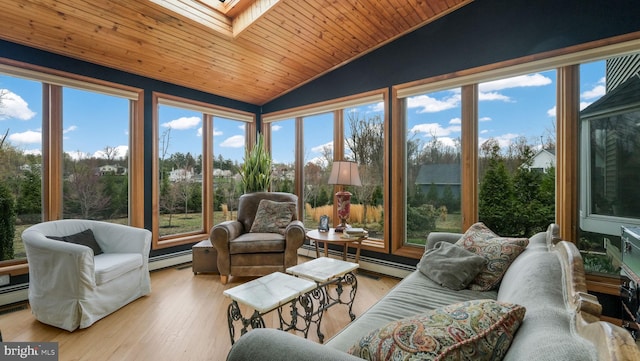 sunroom with a healthy amount of sunlight, a baseboard radiator, and lofted ceiling with skylight