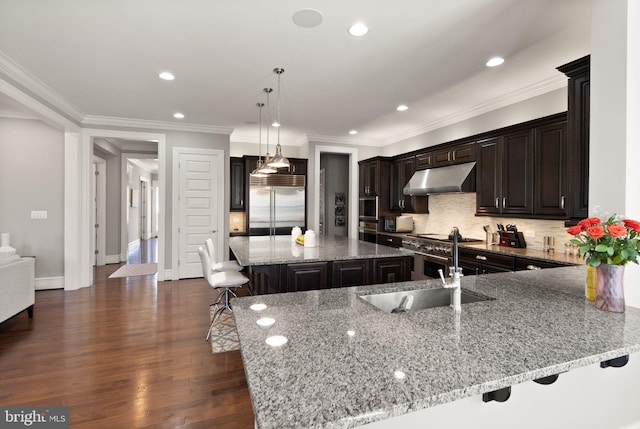 kitchen featuring built in appliances, a sink, a kitchen breakfast bar, under cabinet range hood, and light stone countertops