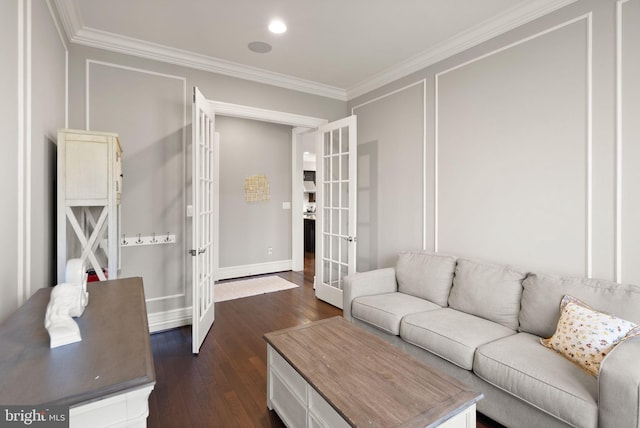 living room featuring ornamental molding, french doors, baseboards, and dark wood-type flooring