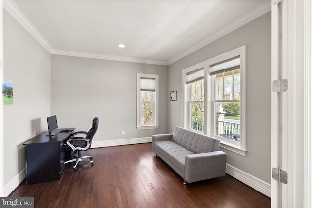 office area featuring dark wood-style floors, baseboards, and crown molding