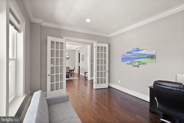 home office with crown molding, dark wood finished floors, recessed lighting, french doors, and baseboards