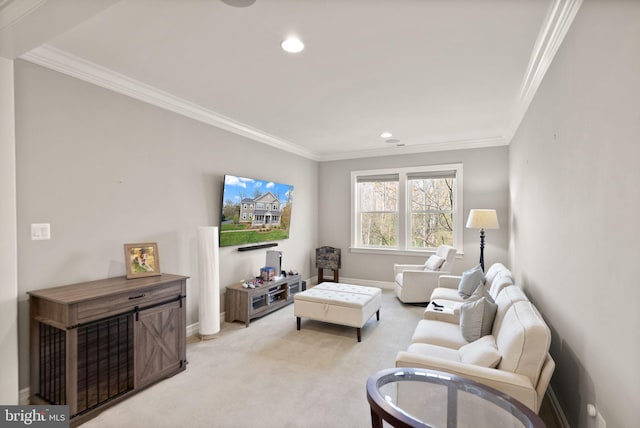 living room featuring crown molding, light colored carpet, baseboards, and recessed lighting