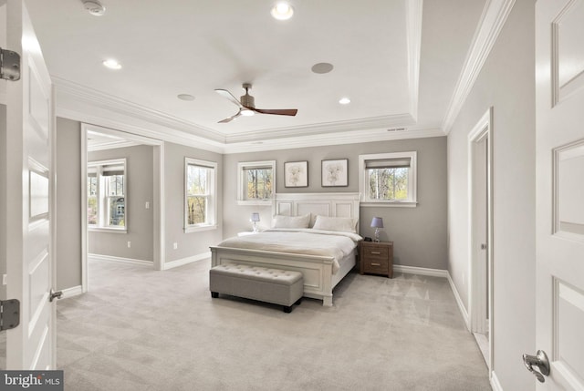 bedroom featuring recessed lighting, light colored carpet, baseboards, and crown molding