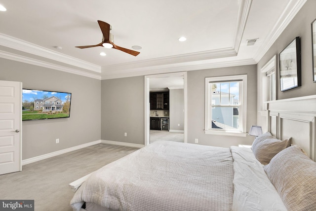 bedroom featuring baseboards, ornamental molding, recessed lighting, visible vents, and light colored carpet