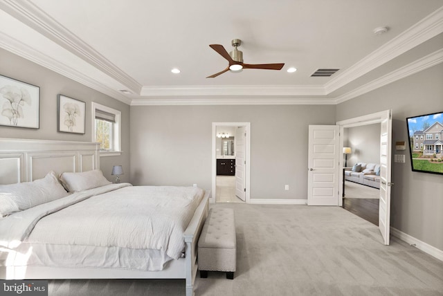 bedroom with light carpet, baseboards, ornamental molding, and visible vents