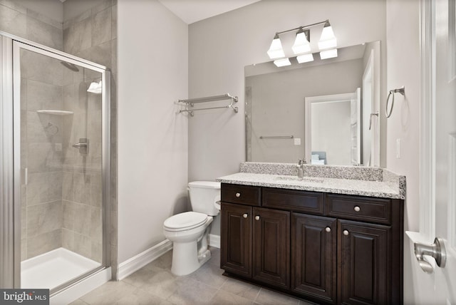 full bath with vanity, baseboards, a stall shower, tile patterned floors, and toilet
