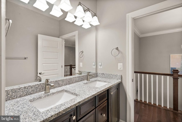 bathroom featuring double vanity, a sink, ornamental molding, and wood finished floors