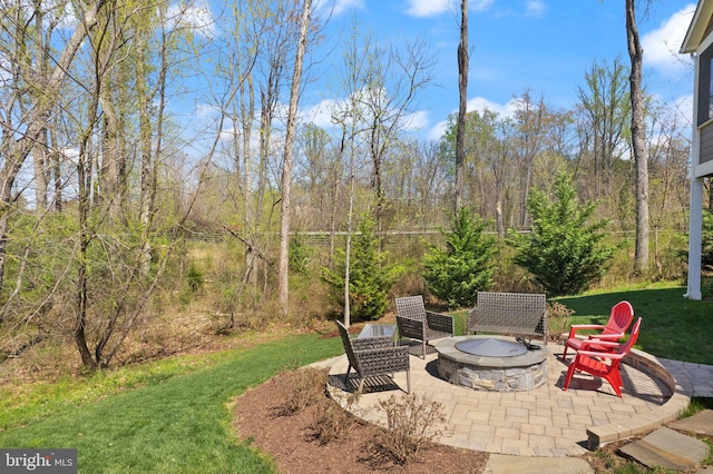 view of yard featuring a patio area and an outdoor fire pit