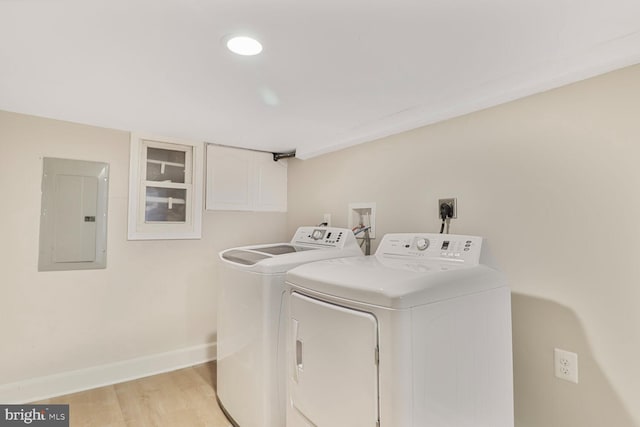 1820 Aiken St, Baltimore, MD 21213 - washroom featuring baseboards, electric panel, washing machine and dryer, light wood-style flooring, and laundry area